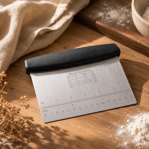 Könnte beinhalten: Ein Teigschaber aus Edelstahl mit schwarzem Griff. Die Klinge ist mit einer Maßeinheiten-Umrechnungstabelle für Tassen, Flüssigunzen, Esslöffel und Milliliter sowie einem Lineal mit Zoll- und Zentimeterangaben bis zu 15 cm bedruckt.