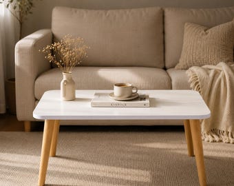 Mesa de centro rectangular pequeña, mesa baja moderna para sala de estar de 60 x 40 cm, mesa auxiliar de madera para sofá, mesa de té minimalista en roble blanco y negro.