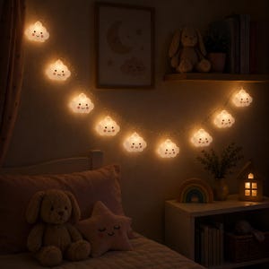Peut inclure: Une guirlande lumineuse LED composée de plusieurs caches en forme de nuages blancs, chacun arborant un visage souriant imprimé avec des joues roses. Les lumières diffusent une lueur chaude et sont suspendues en drapé contre un mur par un fil fin.