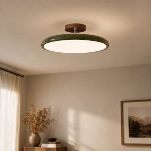 May include: A circular flush mount ceiling light featuring a dark olive green disc-shaped shade with a white diffuser panel. The fixture is attached to the ceiling by a small, cylindrical dark wood mount with a metallic silver connector piece.