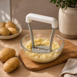 Könnte beinhalten: Ein Kartoffelstampfer mit weißem horizontalem Griff und zwei grauen vertikalen Stützen, die mit einer perforierten grauen Stampfplatte verbunden sind. Das Werkzeug befindet sich in einer klaren Glasschüssel mit Kartoffelbrei und ganzen Kartoffeln.