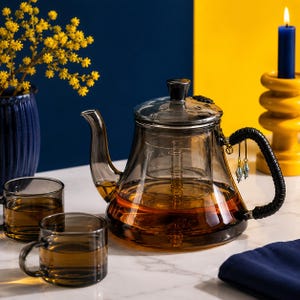 May include: A smoke-tinted glass teapot with a matching lid and a black wrapped handle featuring two small silver-toned fish charms. Two small smoke-tinted glass cups filled with amber tea sit beside the teapot on a white surface.