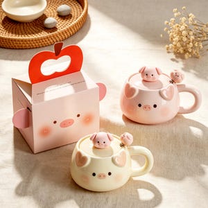 Puede incluir: Dos tazas de cerámica con tapas y cucharas a juego, una rosa claro y otra crema, cada una con un diseño de cara de cerdo con orejas en forma de corazón. Una caja de regalo rosa a juego con un asa en forma de manzana roja junto a las tazas.
