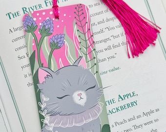Zen Kitty Bookmark: Floral Cat Reading Pal with Tassel
