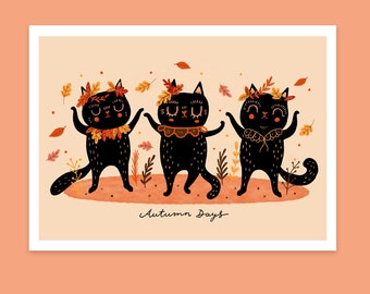 Cute autumn black cats art print halloween autumn fall