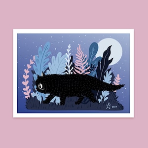 Black Cat Art Print: Moonlit Night Illustration
