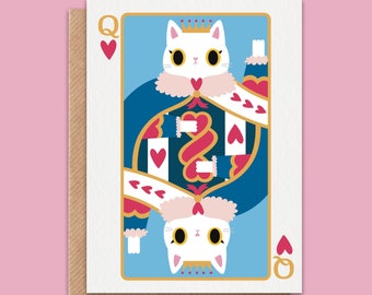 Queen of Hearts - cute cat playing card anniversary love greeting card - eco friendly