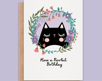 ハッピーバースデー黒猫カード – かわいい花柄猫グリーティングカード – 猫好きの誕生日プレゼント