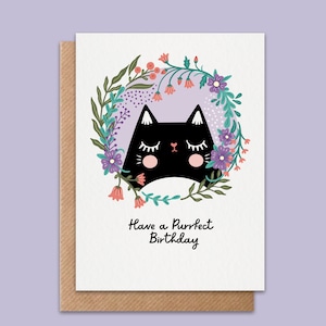 Happy Birthday Black Cat Card – Cute Floral Cat Greeting Card – Cat Lover Birthday Gift