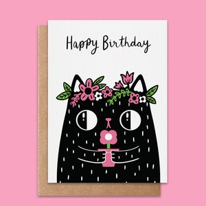 Happy birthday black cat floral crown card A6 greeting card on recycled card image 1