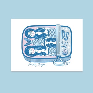 Mermaid Sardine Tin Art Print: Whimsical Bathroom Wall Decor