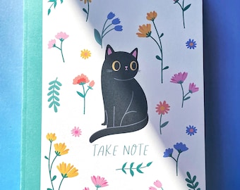 Wildflower Black Cat Notebook - beautiful springtime stationery -eco stationery - recycled notebook - cat stationery - black cat fab club