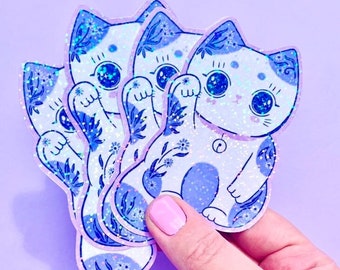 Sparkling Lucky Cat Vinyl Sticker - Holographic Kawaii Decal for Laptop, Journal, & More