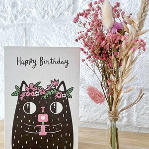 Happy birthday black cat floral crown card A6 greeting card on recycled card image 3