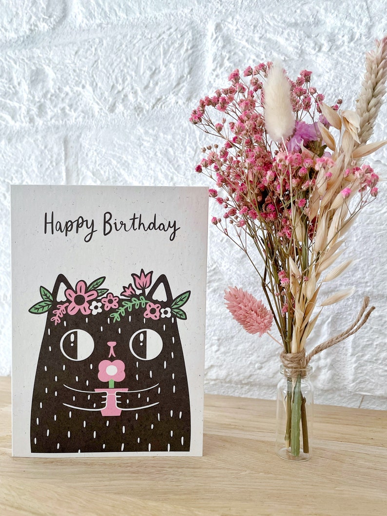 Happy birthday black cat floral crown card A6 greeting card on recycled card image 3