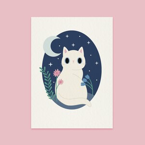 Personalised Cat Art Print Choose your cat A5 size Night time style White Cat