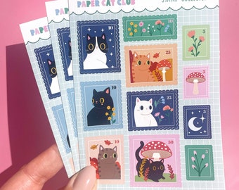 Wildflower Cat Stamp Sticker Sheet - Cute Floral Planner Stickers, Journal Stickers, Scrapbooking