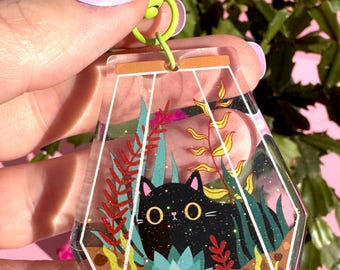 Kawaii Cat Terrarium Keychain: Chunky Glitter Acrylic Keyring