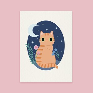 Personalised Cat Art Print Choose your cat A5 size Night time style Ginger Cat