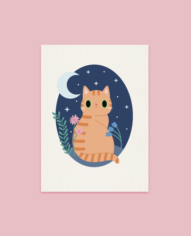 Personalised Cat Art Print Choose your cat A5 size Night time style Ginger Cat