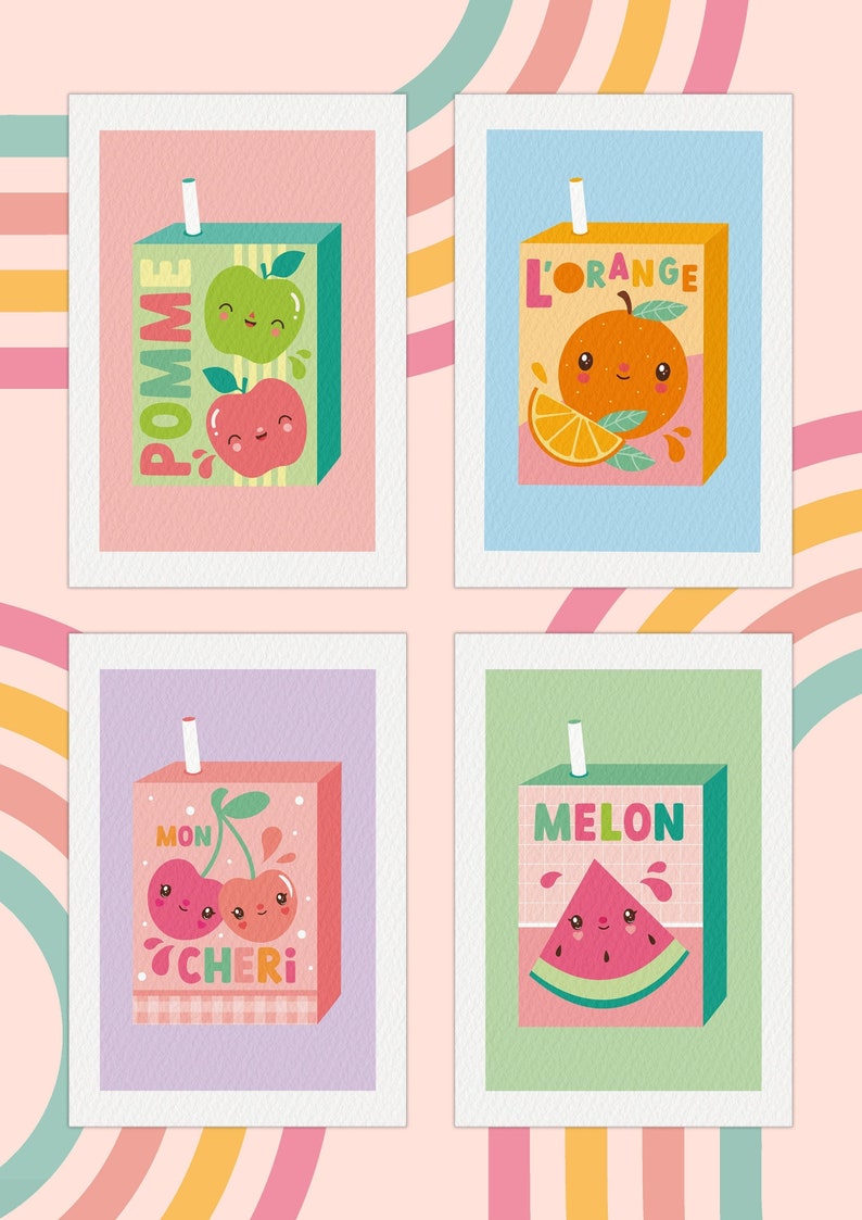 May include: Four colorful juice box illustrations with cartoon fruit characters. The boxes are labeled "Pomme", "L'Orange", "Mon Cheri", and "Melon".