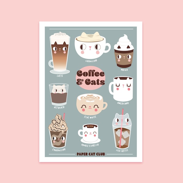 Impresión artística del menú de café de gato: decoración de cocina caprichosa