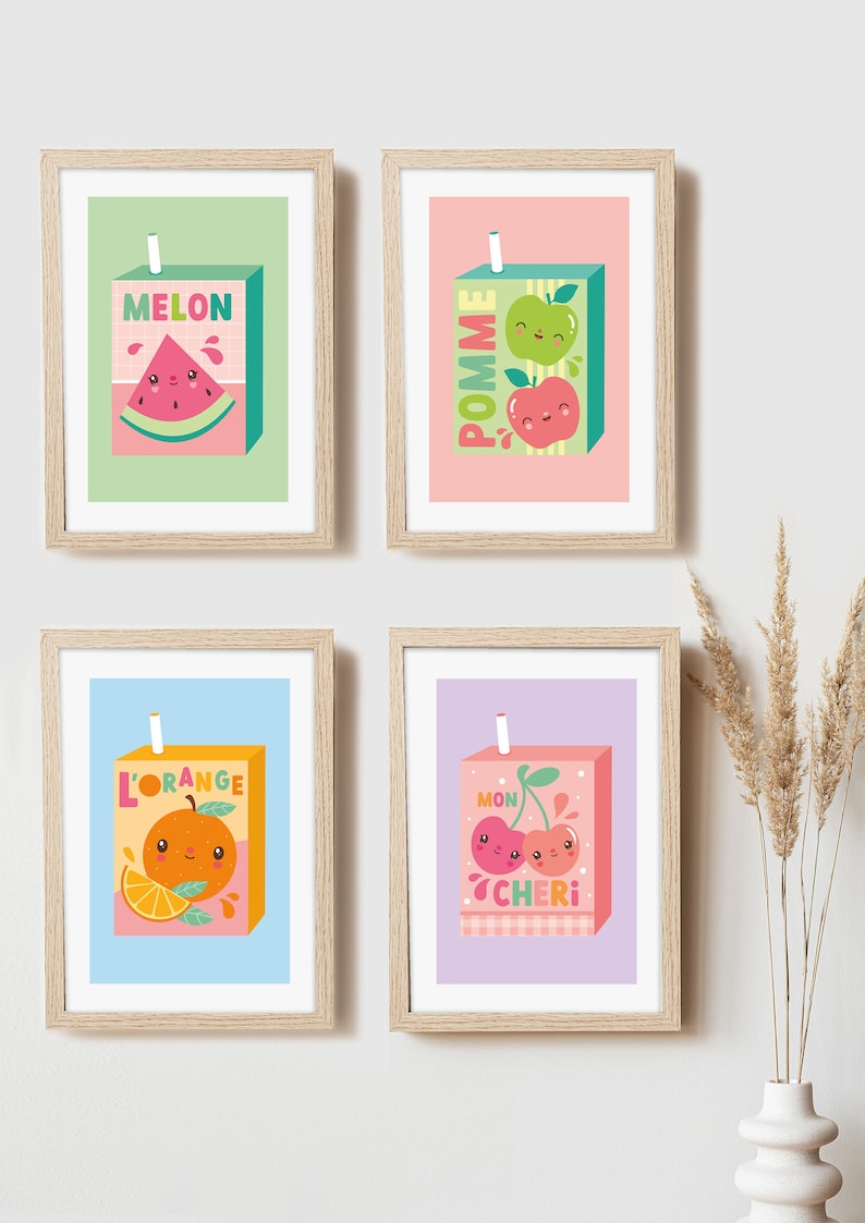 May include: Four framed prints of cartoon juice boxes with different fruits. The juice boxes are labeled "MELON", "POMME", "L'ORANGE", and "MON CHERI".