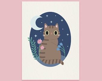 Personalised Cat Art Print - Choose your cat! A5 size Night time style