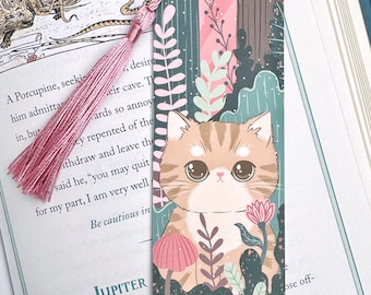 Kawaii Cat Bookmark: Floral Garden with Pink Tassel