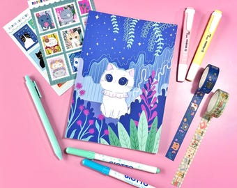 Stargazing Kitty A5 Dotted Notebook - Whimsical Celestial Journal