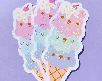 Kawaii Ice Cream Sticker: Holographic Sparkle Laptop Decal