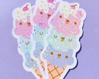 Kawaii ice cream sticker - cute holographic sparkle sticker - kawaii stickers - cute laptop decals - cute waterbottle sticker