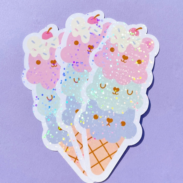 Kawaii ice cream sticker - cute holographic sparkle sticker - kawaii stickers - cute laptop decals - cute waterbottle sticker