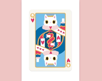 Queen of Hearts Cat art print - cute kawaii art print - cat art print - cat wall decor