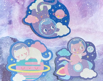 Space Cat Stickers -Cosmic Kittys Collection - sparkle glitter stickers - kawaii vinyl stickers