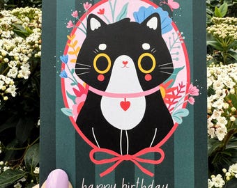Cute Black and White Cat Birthday Card - Floral Kitty Greeting Card with Striped Background - Illustrated cat card