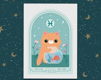 Pisces Zodiac Kitty Art print cute star sign print - Astrology art