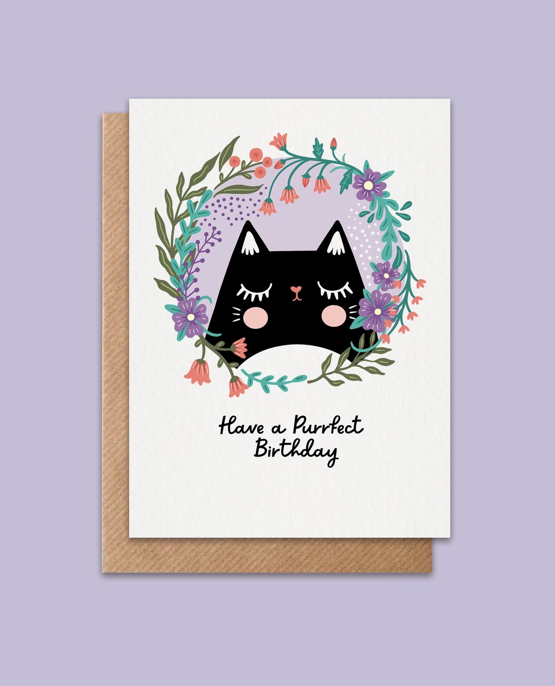 Happy Birthday Black Cat Card – Cute Floral Cat Greeting Card – Cat ...