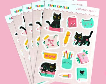 Cute Cat Stationery Addict A6 Sticker Sheet - Kawaii Planner & Journal Stickers