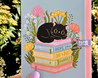 Hope Your Day is Purrfect Greeting Card, Bookish Birthday card for Her, Black Cat Lover Card, Eco-Friendly Thinking of You, Cat mum Gift