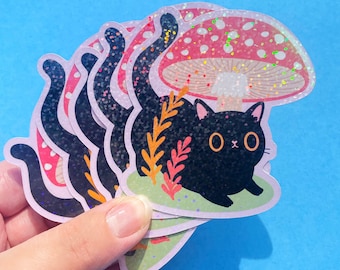 Autumn Toadstool sparkle sticker, kawaii stickers, cute black cat vinyl sticker,  cat laptop decal