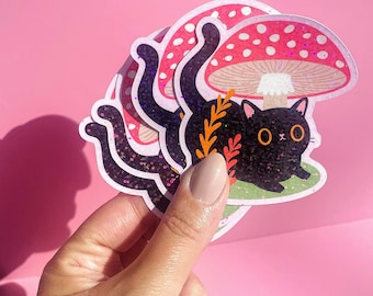 Autumn Toadstool sparkle sticker, kawaii stickers, cute black cat vinyl sticker,  cat laptop decal