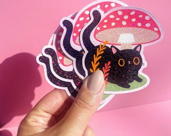Autumn Black Cat Vinyl Sticker: Kawaii Toadstool Sparkle Decal
