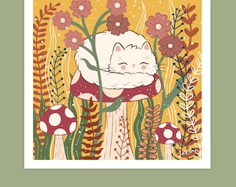 Cream Cat Art Print: Whimsical Persian Kitty on Toadstool
