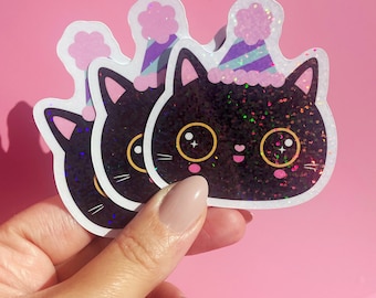 Sparkly Party Cat Sticker: Kawaii Holographic Vinyl Decal