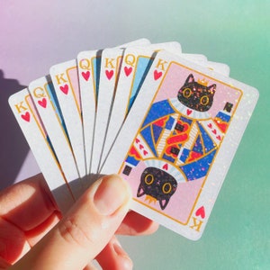 Sticker scintillant carte à jouer chat roi de coeur, stickers kawaii, sticker chat en vinyle, sticker chat pour ordinateur portable