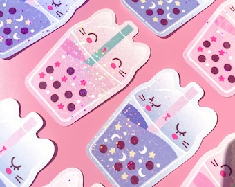 Sparkly Cat Bubble Tea Sticker: Kawaii Holographic Vinyl