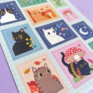 A sheet of wildflower cat stamp stickers with various floral and feline designs.