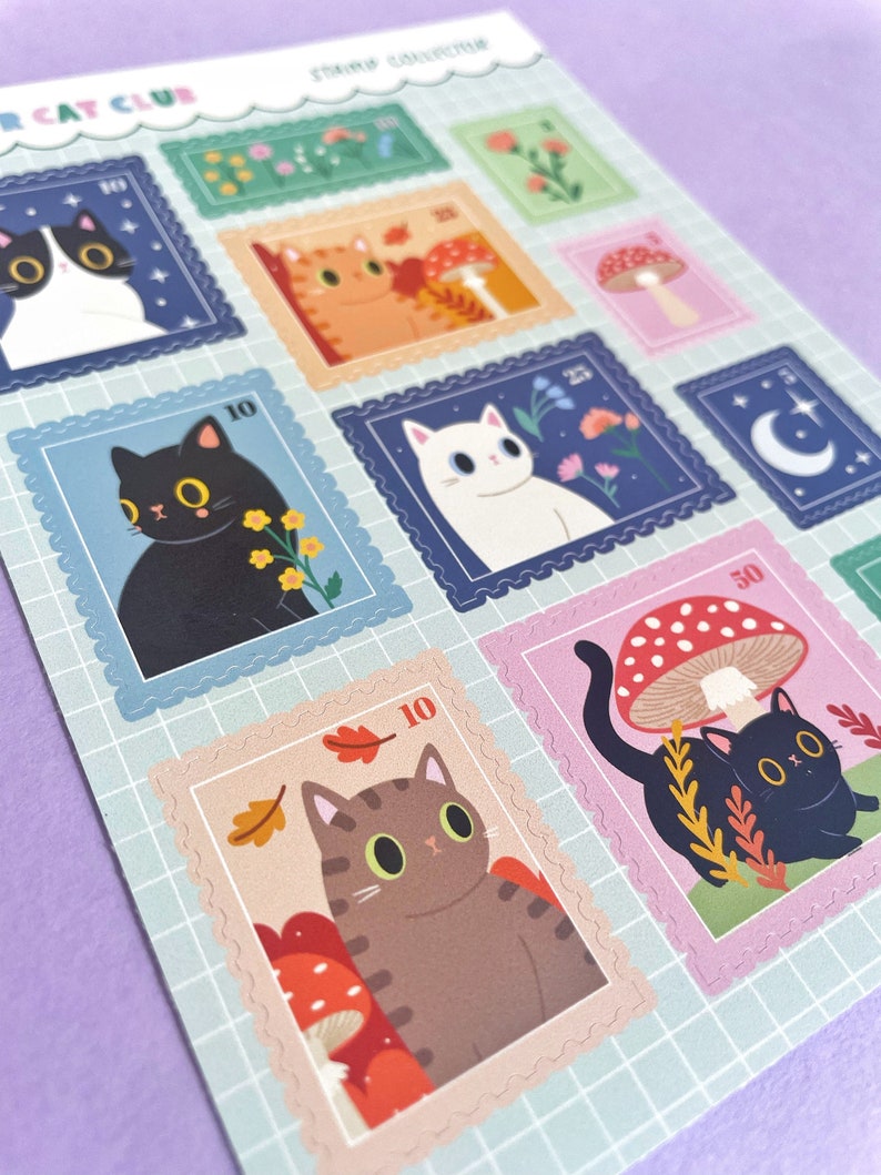 A sheet of wildflower cat stamp stickers with various floral and feline designs.