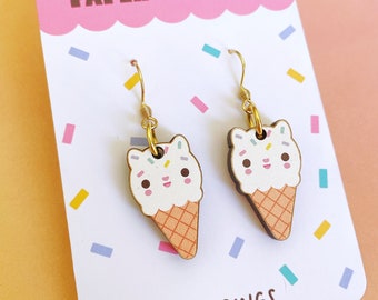 Vanilla ice cream cute cat earrings - kawaii wood earrings, cat lover birthday present